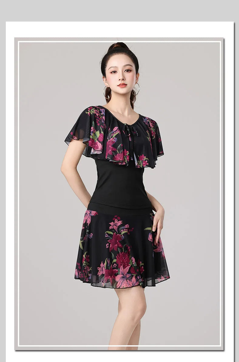 Women Samba Latin Dance Practice Suit Summer New Net Yarn Printed Modern Dance Performance Costume Square Modern Evening Dresses