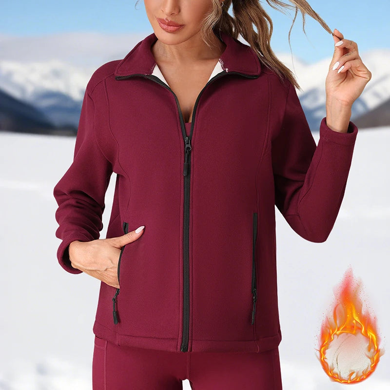 Fleece Jacket for Women Full Zip Solid Color Pullover with Two Utility Pockets Autumn Winter Warm Thick Coat Slim Soft Jacket