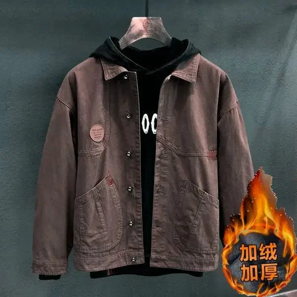 High end work jacket, men's spring and autumn trendy brand, loose American retro lapel jacket, casual and handsome denim jacket