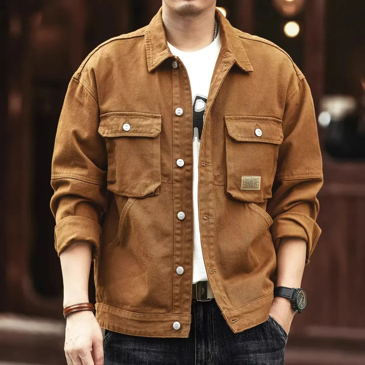 High end work jacket, men's spring and autumn trendy brand, loose American retro lapel jacket, casual and handsome denim jacket
