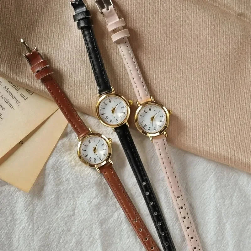 Women Brown White Small Round Watches Versatile Thin Strap Leather Band Ladies Quartz Watch Wristwatch Clock Reloj Mujer