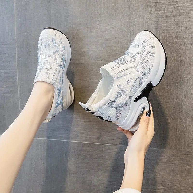 2023Women's Shoes  Autumn New Casual Small White Shoes Rhinestone Platform Sports Air Cushion Shoes Plus Size Zapatos De Mujer