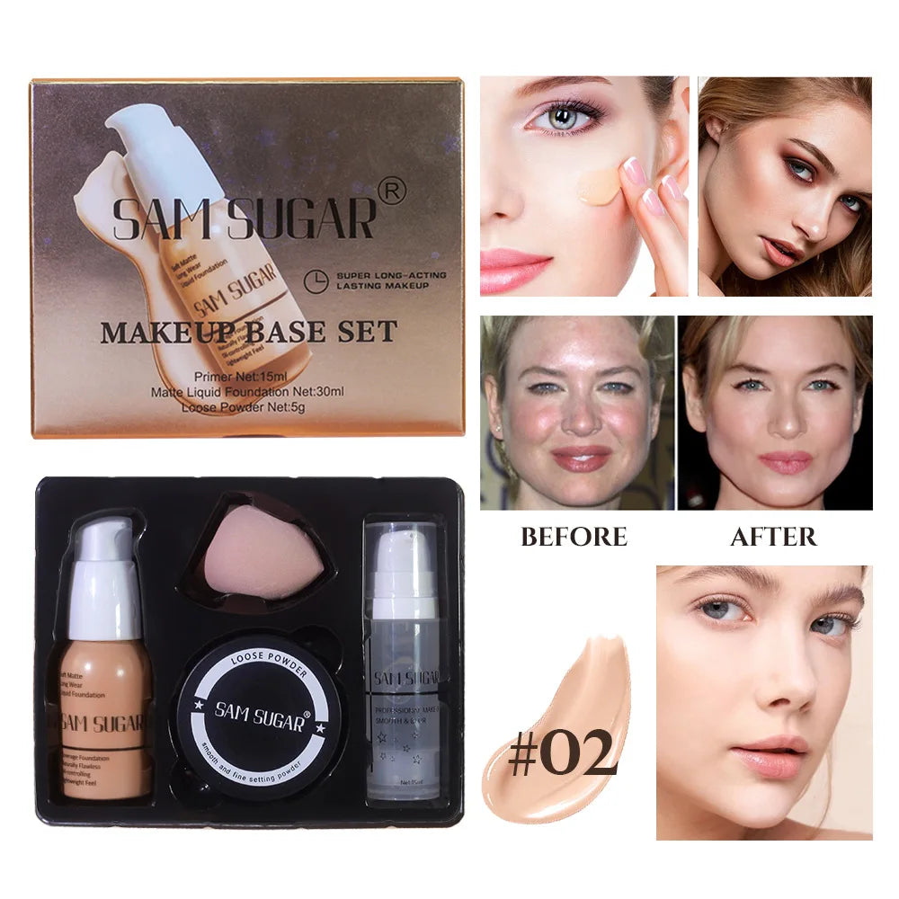Makeup Base Set With 15ml Primer 30ml Matte Foundation 5g Loose Powder Puff For Smooth Flawless Skin Longwear