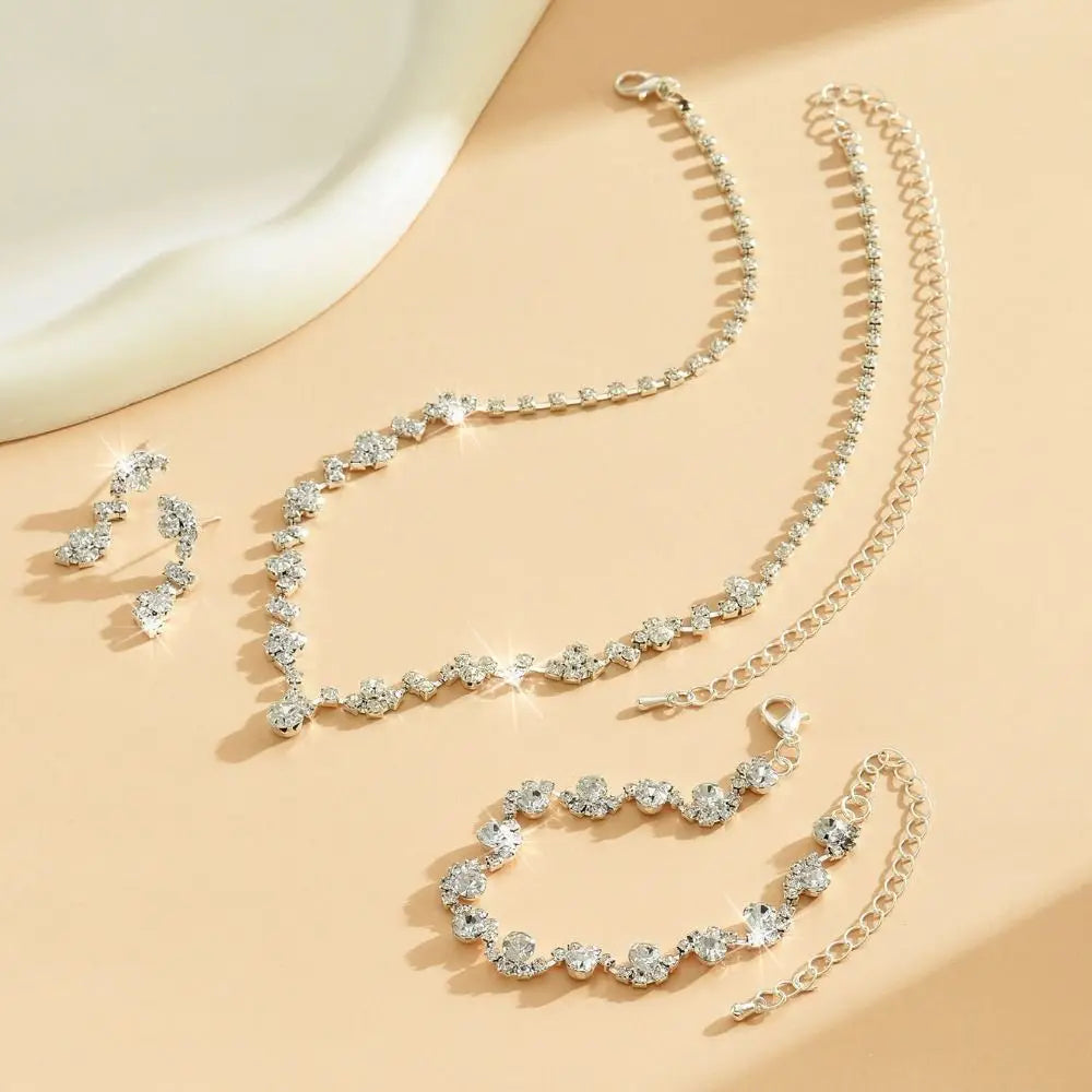 Bridal Shining Crystal Jewelry Set Diamond Exquisite Earrings Bracelet Luxury Necklace Banquet