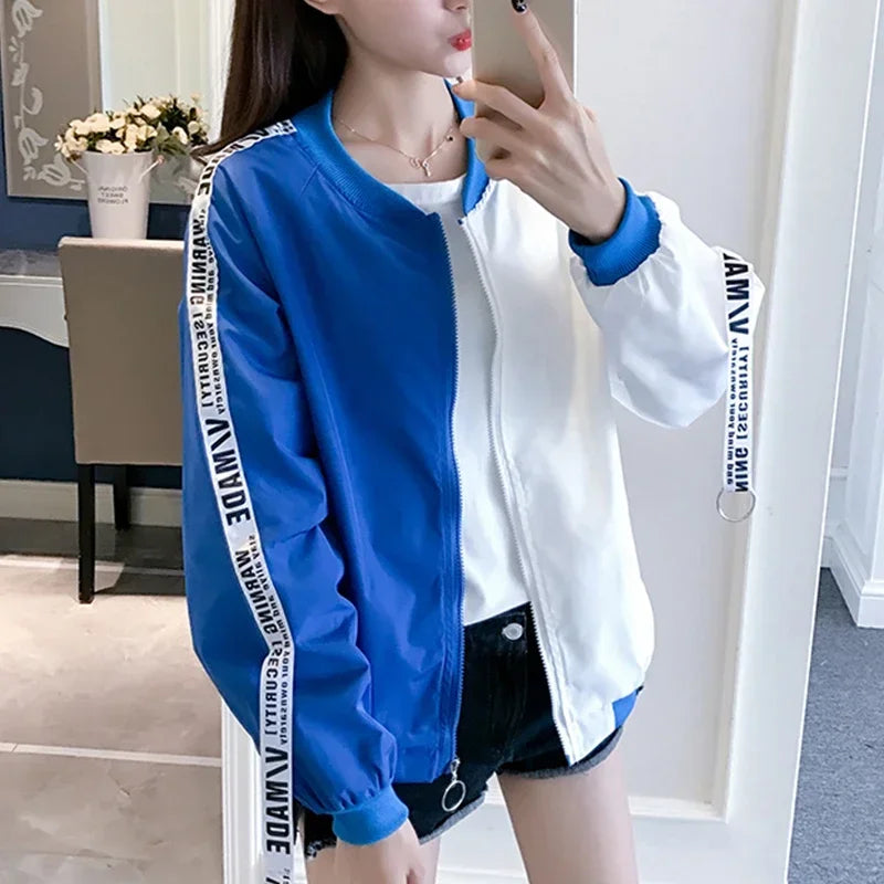 Short Jackets Women New Summer Basic Fashion Thin Color Collision Long Sleeve Windbreaker Outwear Bomber Female Baseball Coat