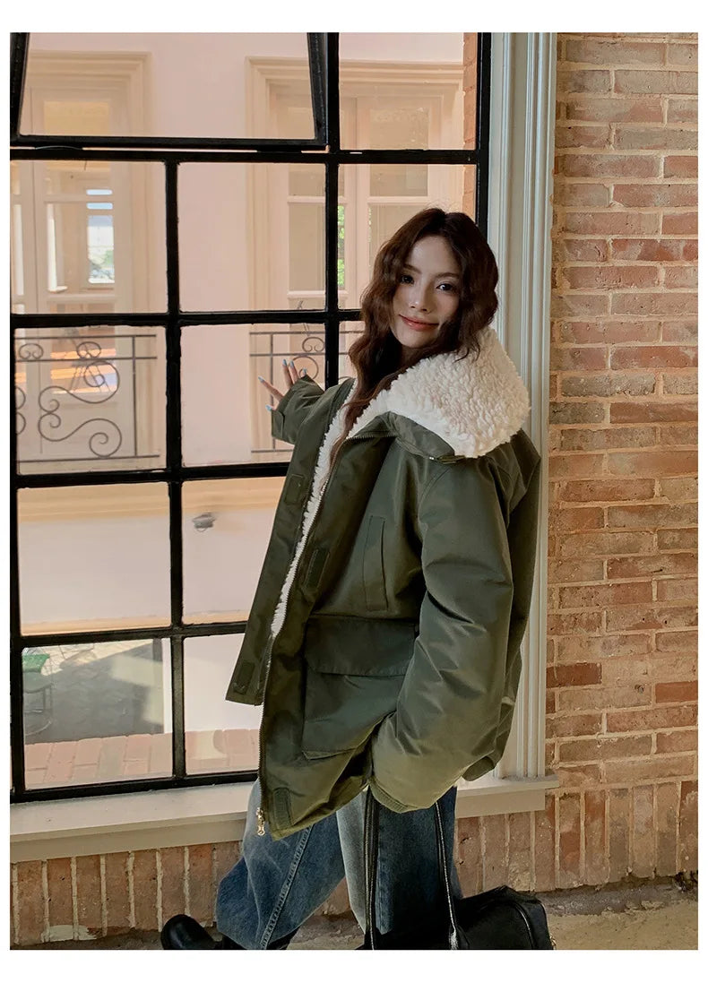 Women Parkas Short Coats Jackets Turn Down Collar Thick Warm Y2k Streetwear Elegant Jacket Work Coat Autumn Winter 2025