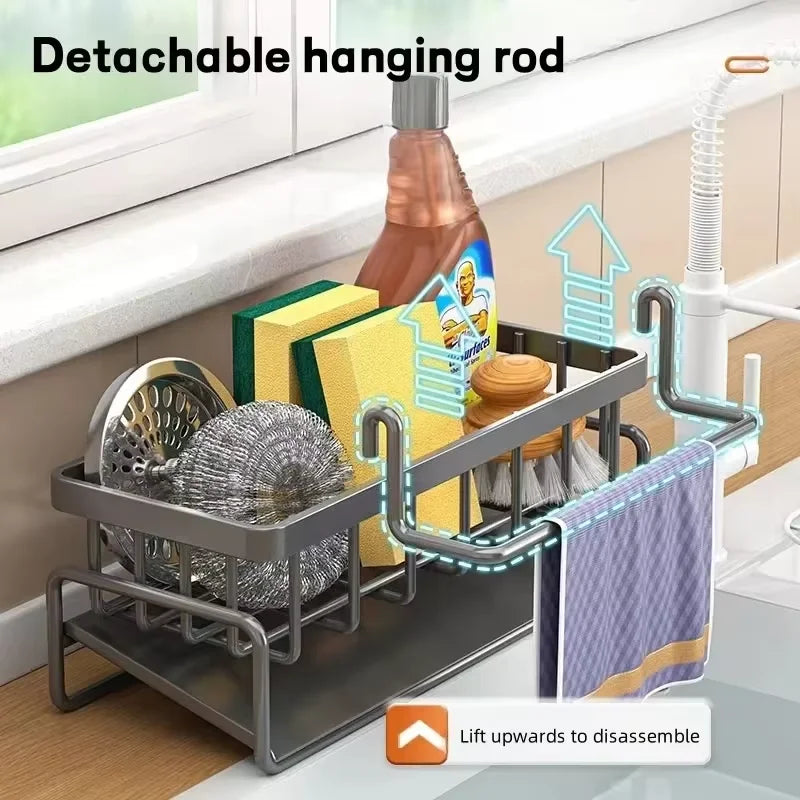Kitchen Drainable Storage Rack With Hanging Rod Countertop Cleaning Supplies Without Punching Multi-Functional Storage Rack Tool
