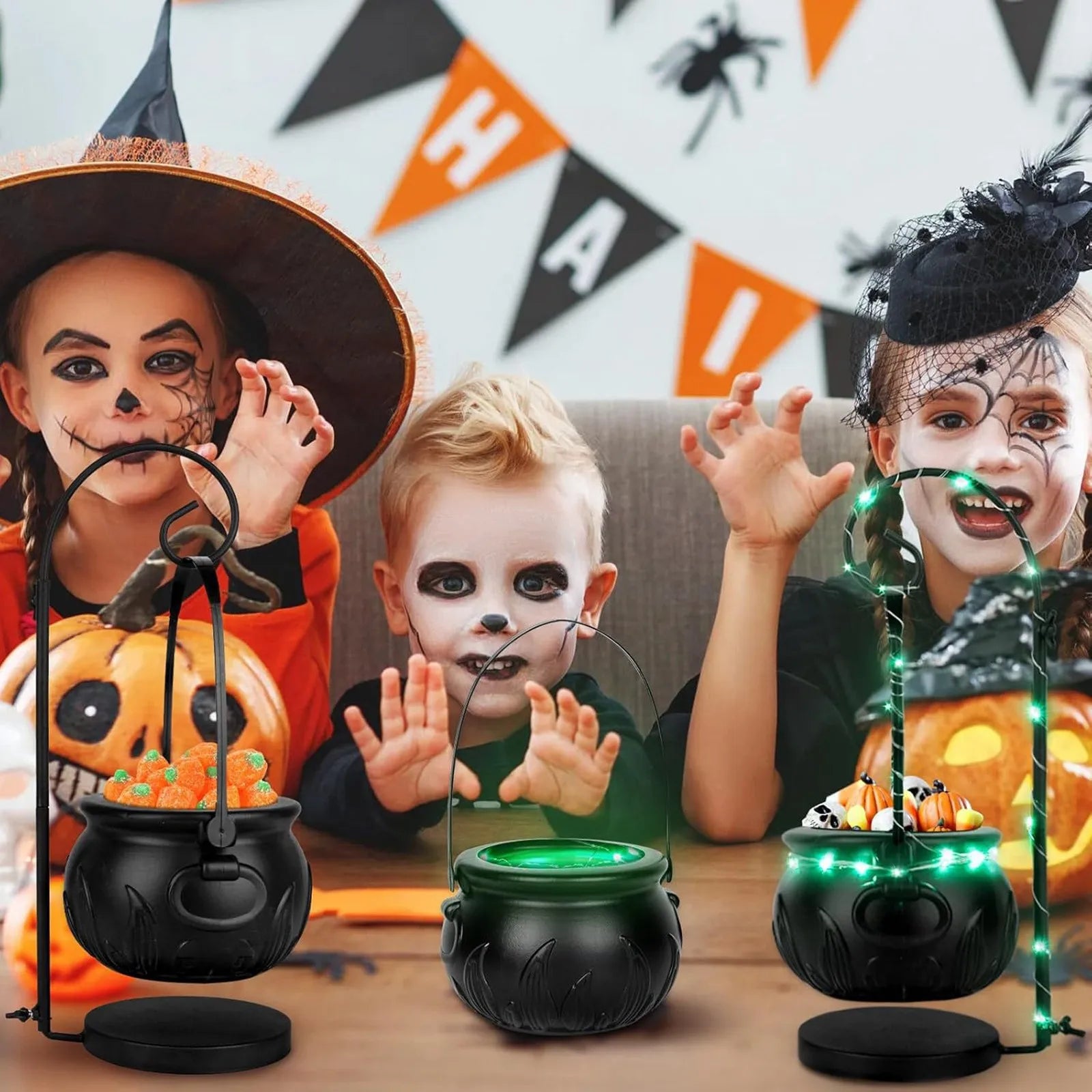 Halloween Decoration Hanging Witch With Light Pot Mist Home Decor Witch Pot Plastic Bowl Decoration Candy Bucket Decoration