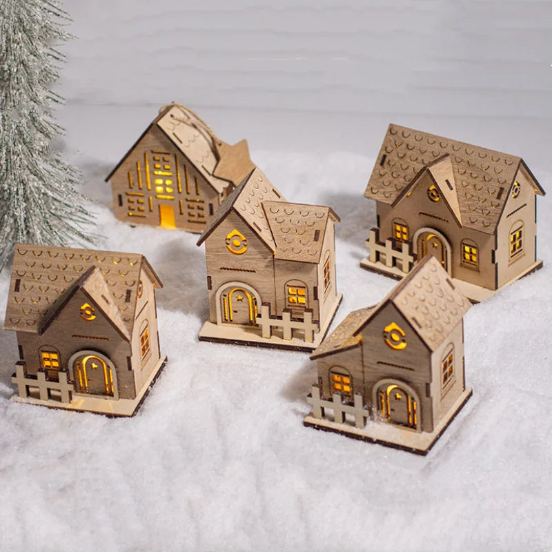 Christmas Led Light Wooden House Village Decorations Glowing Cabin Ornament Xmas House Desktop Ornament Holiday Home Decor