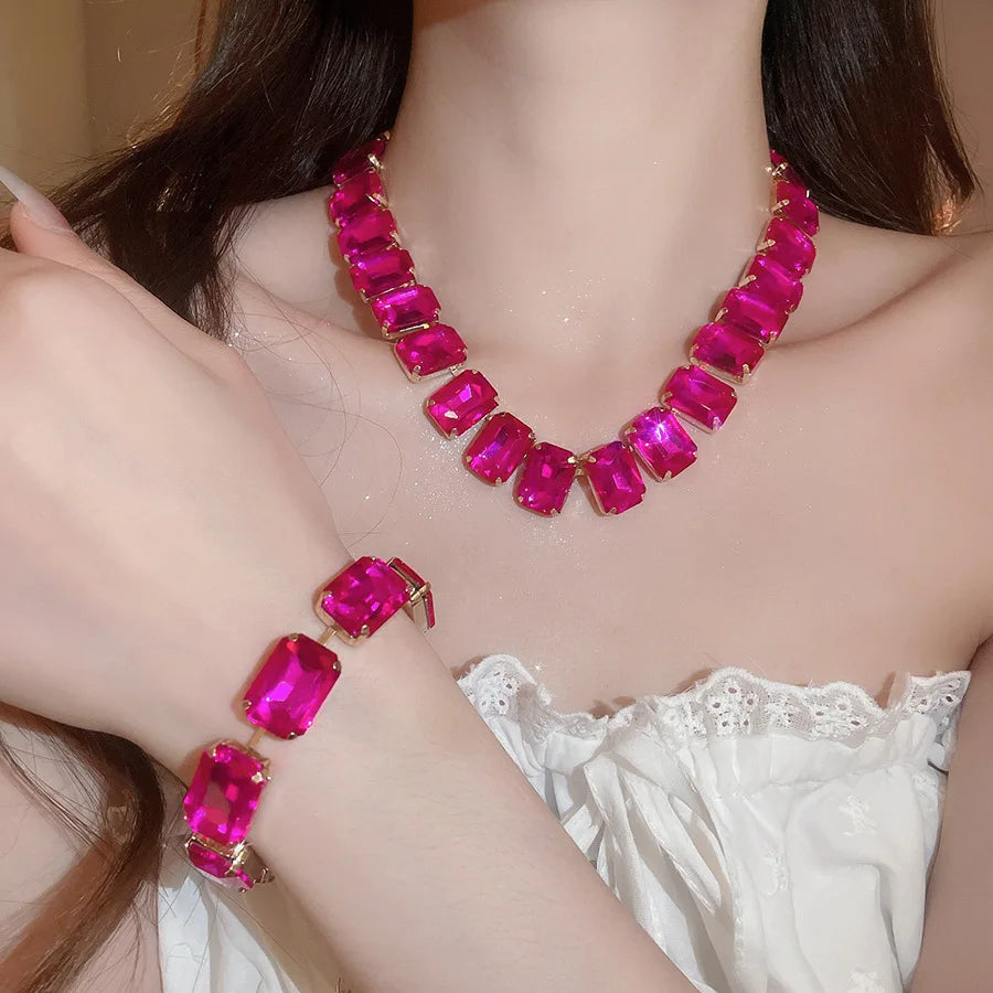 Bride Crystal Necklace Earrings Bracelets Set Bridesmaid Wedding Jewellry Three Pieces Choker Necklace Prom Costume Jewelry Sets