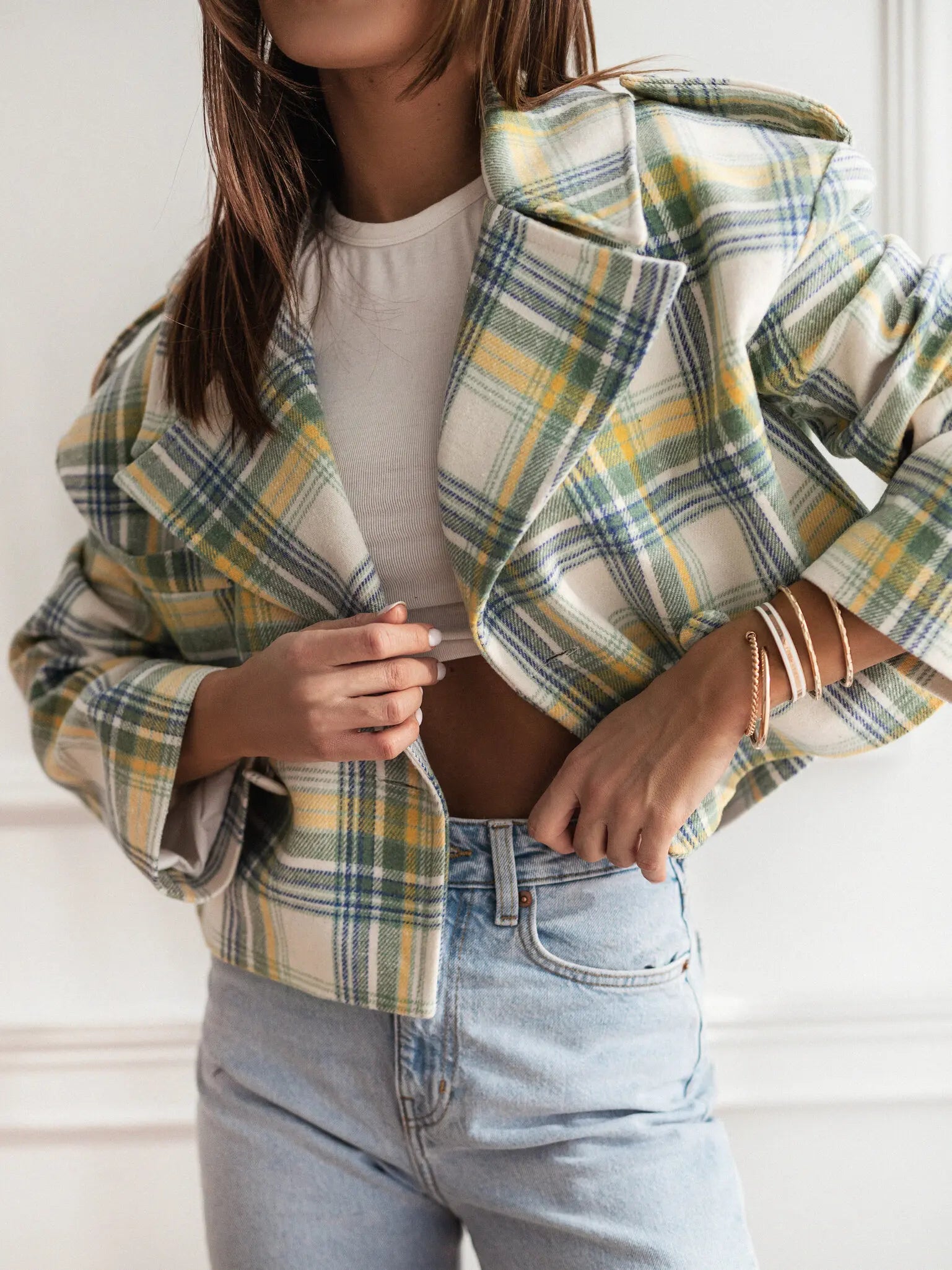Women's fashion British suit collar plaid printed woolen jacket loose and casual personalized and fashionable temperament