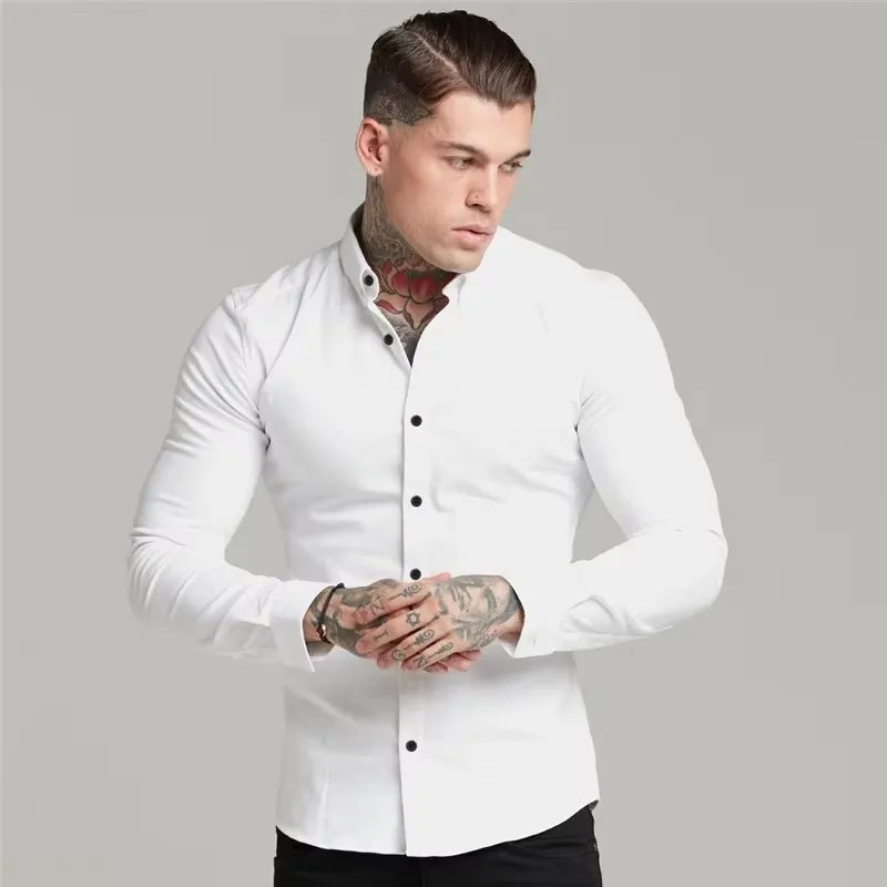 Men's Shirt Fashion Full Sleeve Shirt Men's Muscle Casual Slim-fit Business Dress Solid Color Shirt Men's Gym Fitness Men Shirt