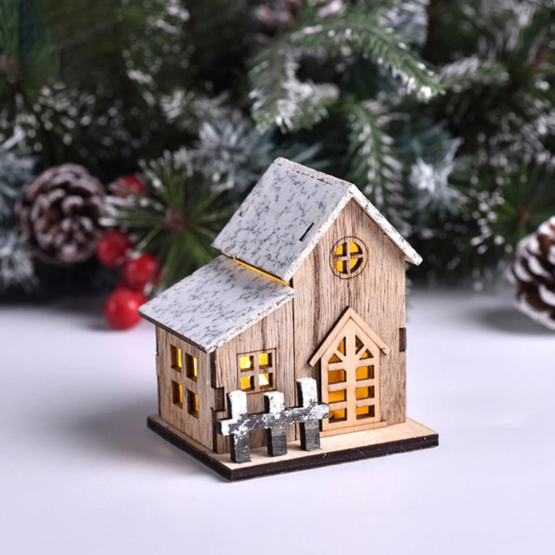 Christmas Home Decoration LED Luminous Wooden House Small House Xmas Tree Desktop Decoration Happy New Year Give Gifts Friends