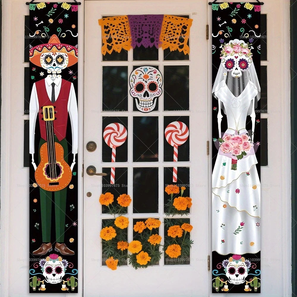 Halloween Decorations Dia De Los Muertos Porch Sign Banners Mexico Day of The Dead Hanging Banner for Indoor Outdoor Wall Decor