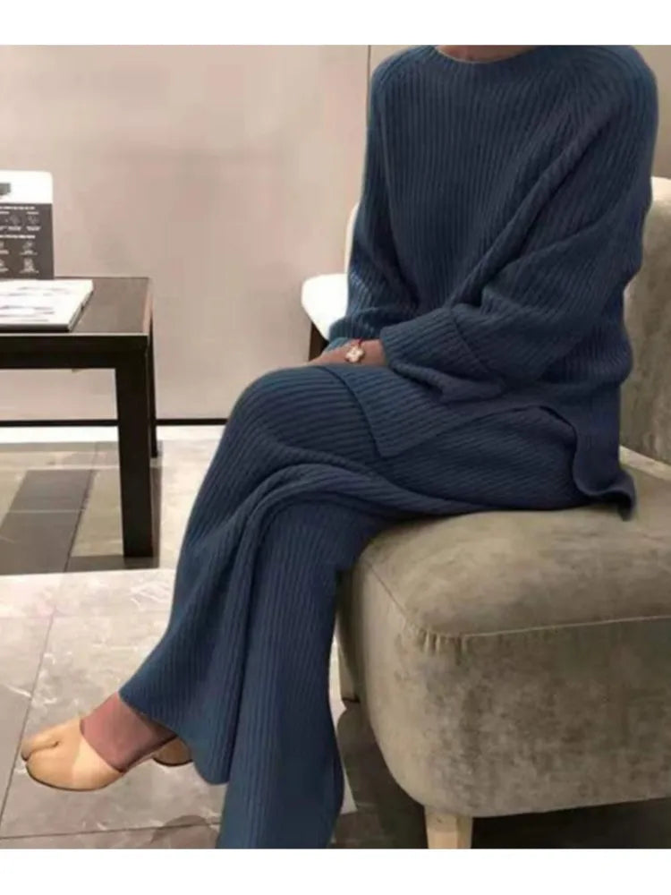 2025 New Women Elegant Sweater Suit Elegant Knitted 2-Pieces Set Spring Autumn Pullover And Trousers Suit Thin Female Outfits