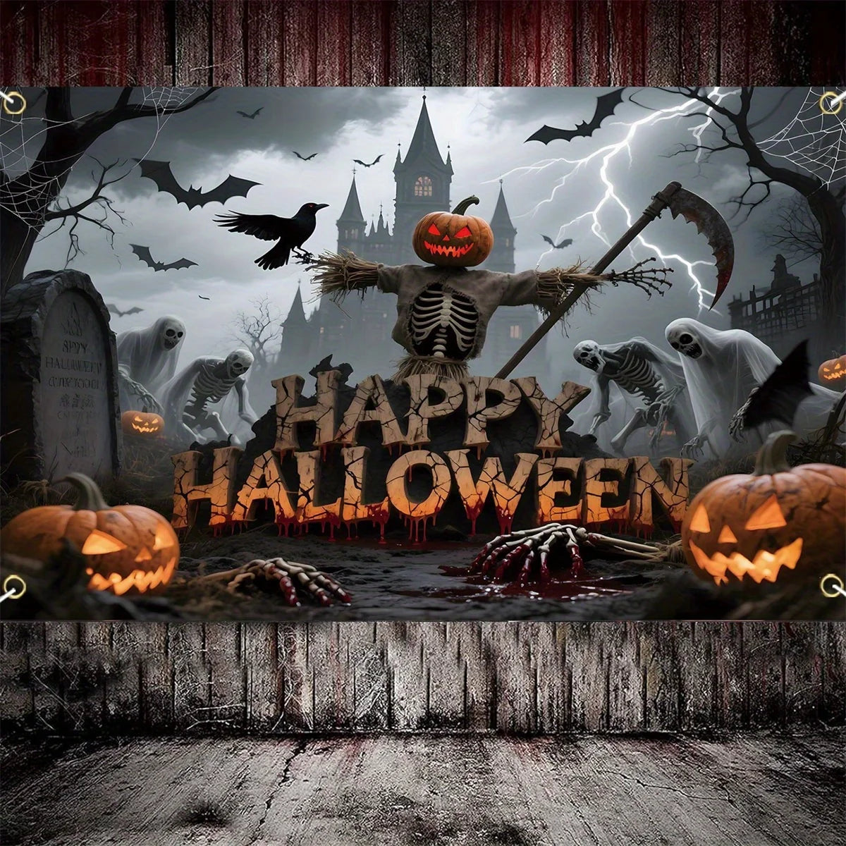 Halloween background: Colorful and eerie pumpkin, scared mouse, bat, dead tree, skull pattern Halloween wall banner