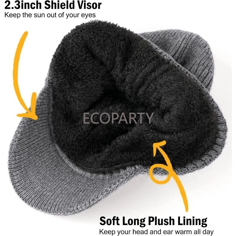 Winter Beanie with Brim and Ear Flaps, Outdoor Warm Fleece Lined Knit Hat Stocking Caps for Men Women bucket hat  winter hat