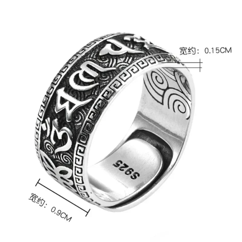 925 Silver Ring Male Finger Accessories Personality Retro Buddhist Scripture Mantra Om Mani Padme Hum Ring For Men Adjustable