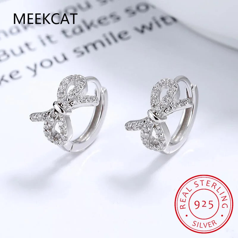 Baby Princess 925 Silver Shiny Zircon Cute Bowknot Hoop Earring For Girl Child Woman Aros Huggies Loop Earring Korea Jewelry