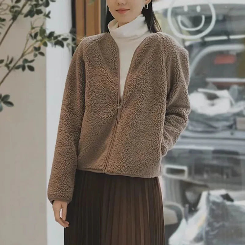 Women Lambswool Jackets 2025 Autumn Winter Thicken Warm Lady Long Sleeve V-neck Outrewear Solid Color Female Chic Zipper Coats