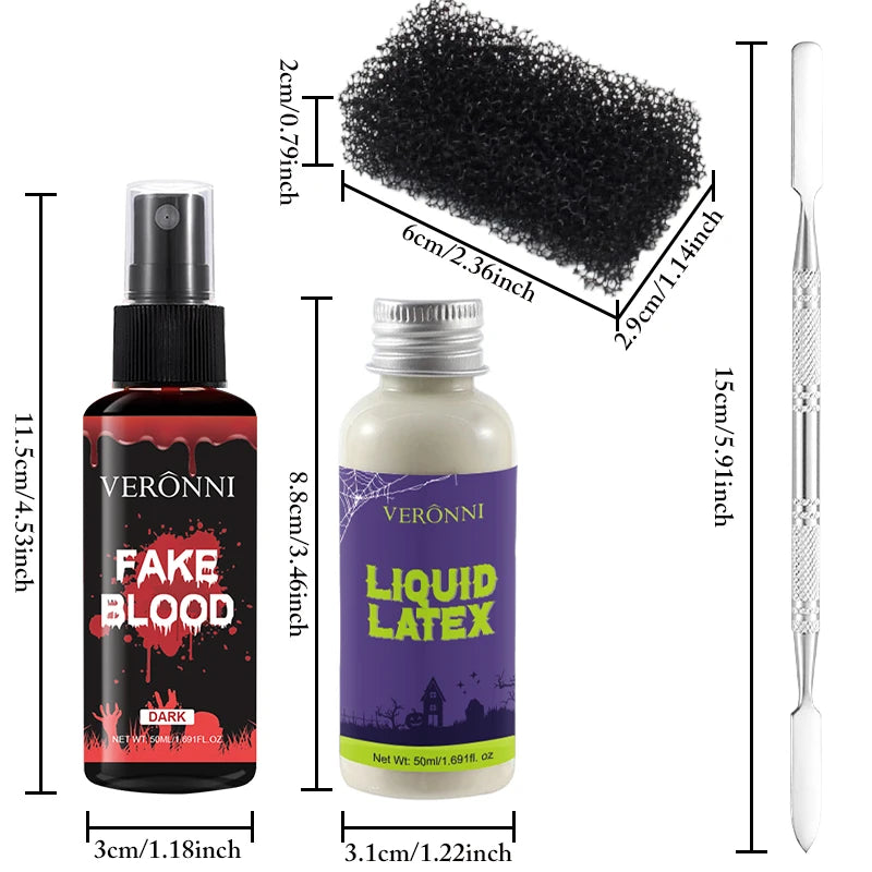 Halloween Makeup Kit-Liquid Latex SFX Cosmetic,Realistic Fake Blood & Wax with Spatula,Washable SFX Makeup for Halloween,Cosplay
