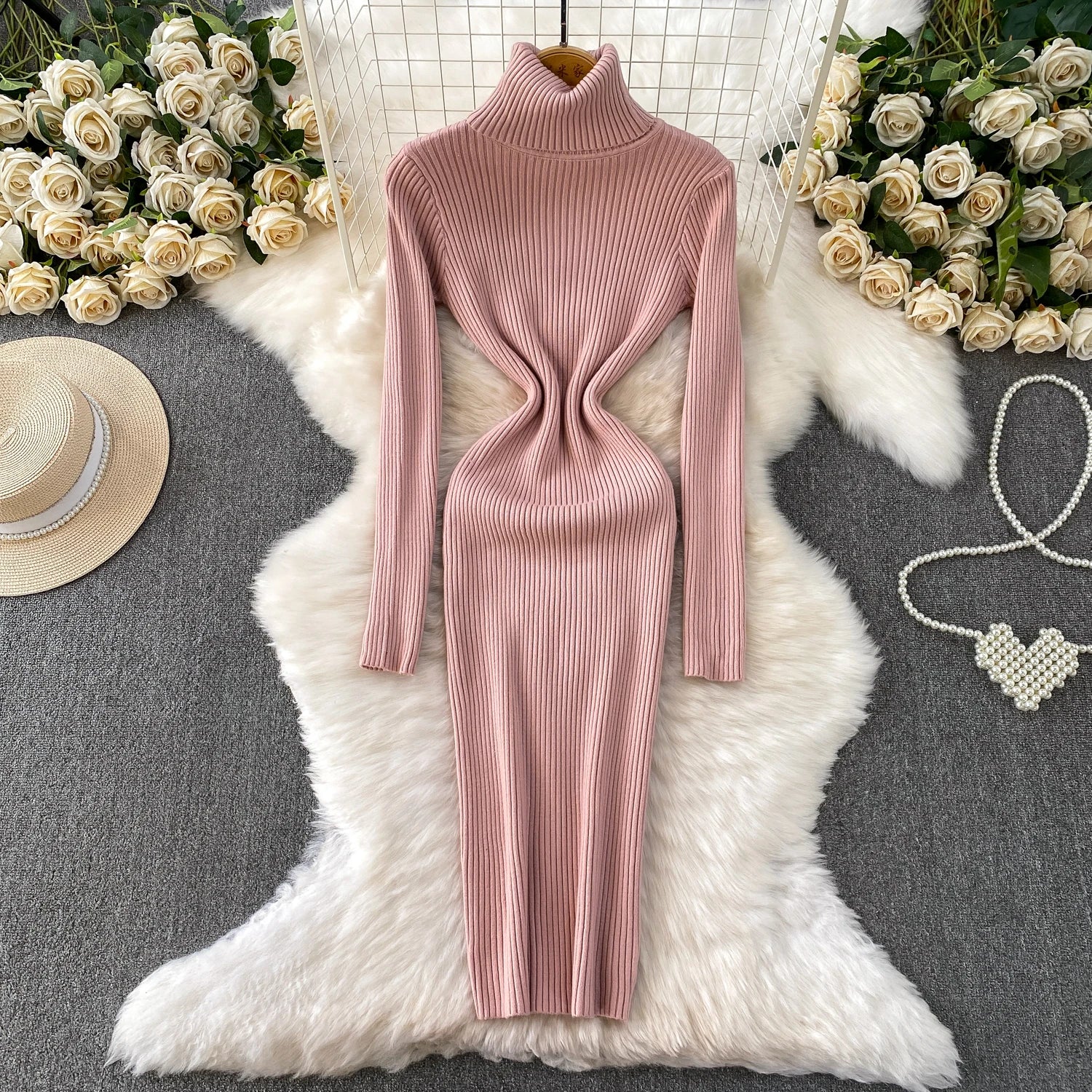 Women Winter Turtleneck Knittign Dress Stretch Slim Long Sleeve Soft Knitwear Dresses Female Casual Lining Simple Bottom Vestido