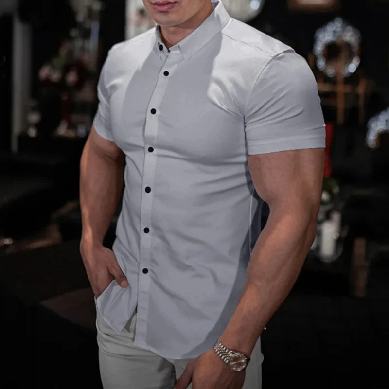 Men's Single-breasted Shirt Casual Cardigan Short-sleeved Lapel Shirt Slim-fit Elastic Sports Fitness Solid Color New Summer