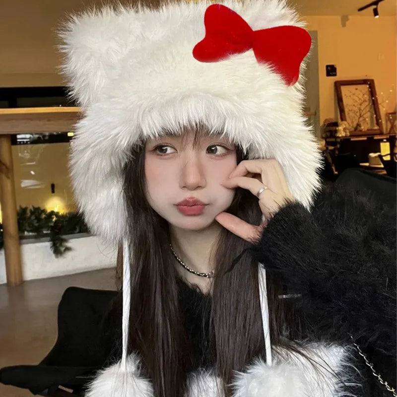 Korean Autumn Winter Cute White Cat Red Bow Plush Hat Girls Fashion Warm Hats Anti-freeze Ear Caps Outdoor for Women Gifts