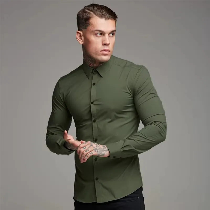 Men's Shirt Fashion Full Sleeve Shirt Men's Muscle Casual Slim-fit Business Dress Solid Color Shirt Men's Gym Fitness Men Shirt