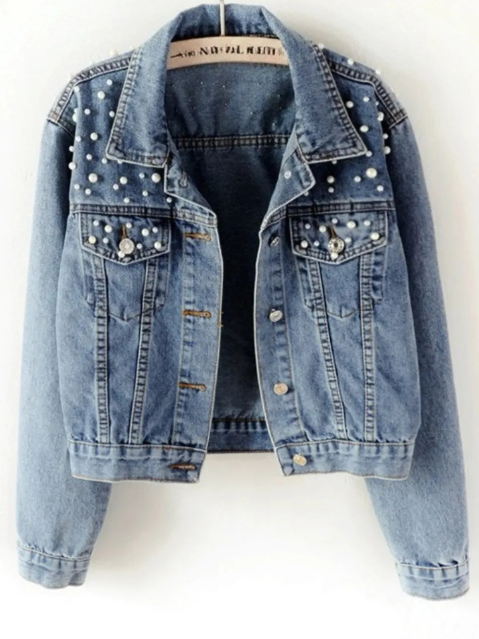 Cowboy Jacket Women's Denim Jacket Spring  Autumn New in Commuting Style Bead Fashion Casual Loose Regular Short Jacket