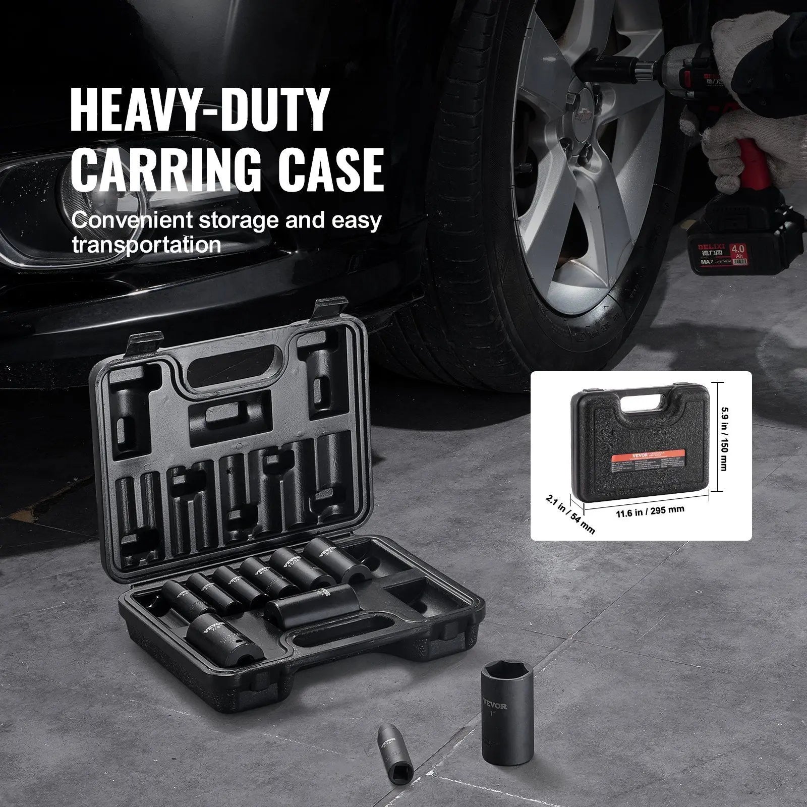 Impact Sockets Set 11pcs 6-Point 3/8in Drive Bit Ratchet Tool Kit Case