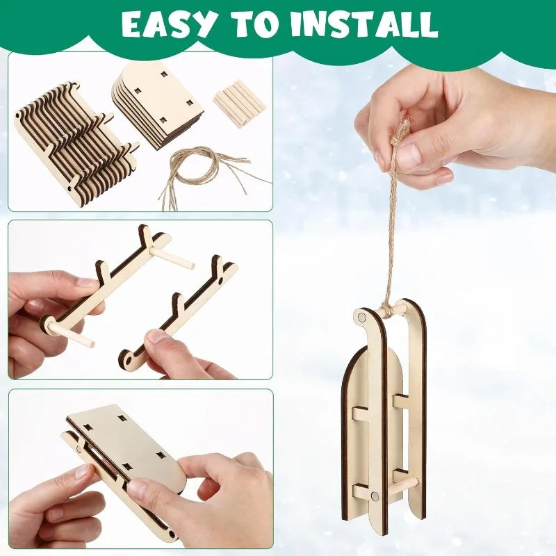 Christmas Sleigh Ornament Wooden Decor Wood Crafts Home Decorations Mini Sled Miniature Sleigh Xmas Decor Christmas Crafts