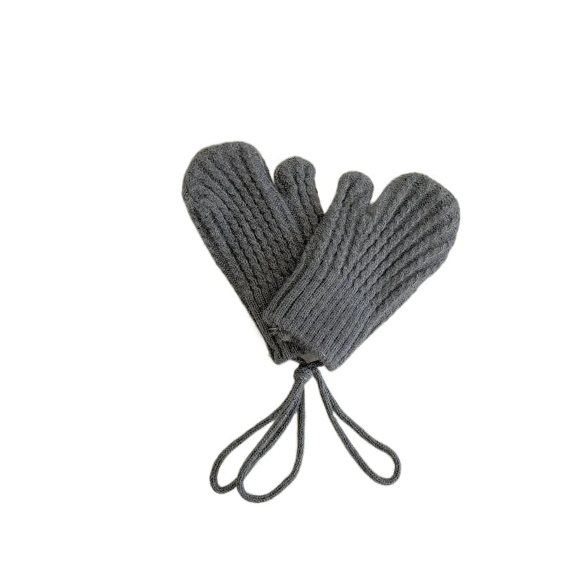 Winter Wool Children Mittens with Straps Knitted Finger Warmer Gloves for Girls Boys Solid Color Kids Accessories 4-10 Years Old