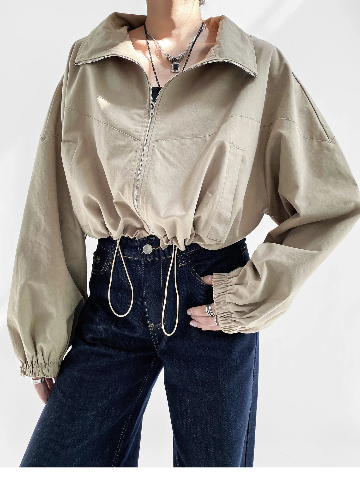 Women's Cropped Utility Jacket - Drop Shoulder Drawstring Hem Ribbed Cuffs Lightweight Cotton