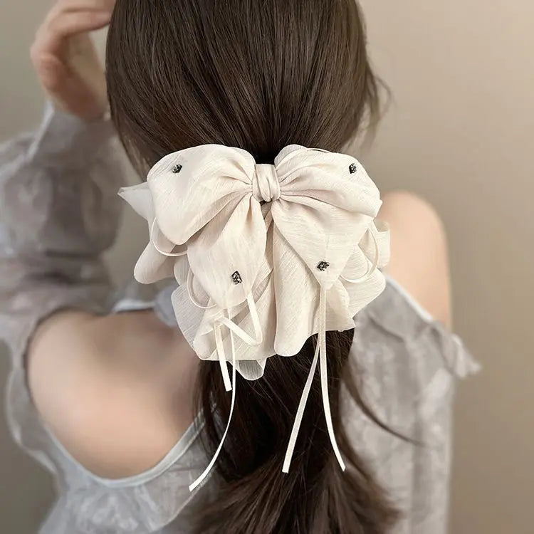 Women Lady 2025 New Accessories White Black Bowknot Ribbon Decorate Hair Clip Female Spring Summer Hair Claw Headwear Headdress