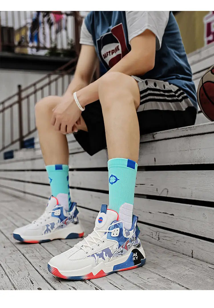 Couple Basketball Shoes Men High Top Sports Wear Resistant Air Cushioning Shoes Athletic Boots Comfortable Breathable Sneakers