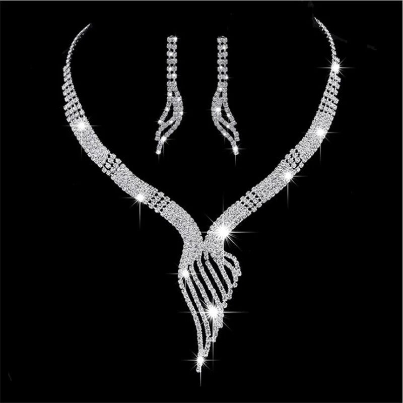 Shiny Elegant Femme Rhinestone Wedding Jewelry Sets Bridal Women Long Tassel Necklace Earrings Jewellery Set Accessories Gift