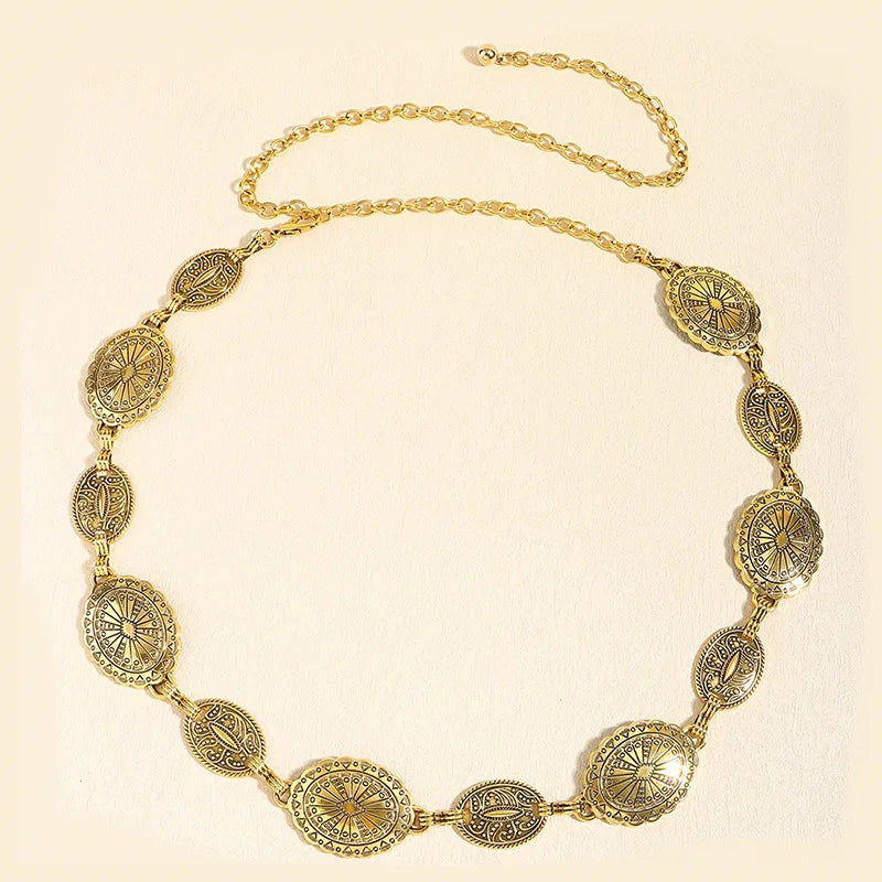 1 piece set of waist chain accessories for women's retro Bohemian ethnic style silver metal chain belt with skirt belt