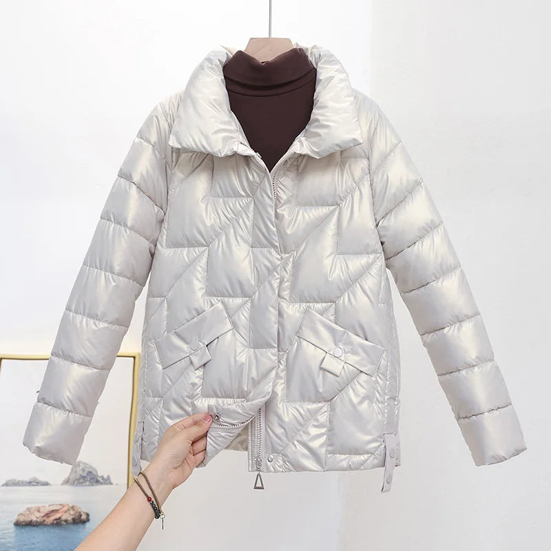 Women Jacket Winter Parkas Female 2025 New Glossy Down Cotton Jackets Stand Collar Casual Warm Parka Short Coat Female Outwear