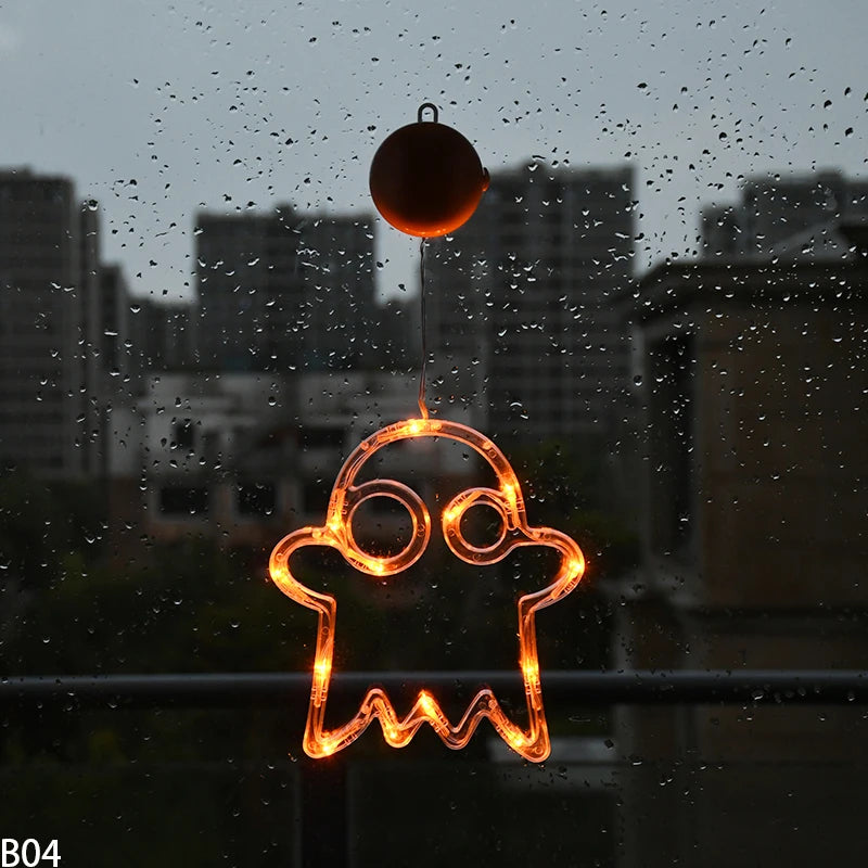 Halloween Orange Window Light Orange Pumpkin Ghost Witch Hat Design LED Sucker Lamp Bar Home Party Hanging Decor Without Battery