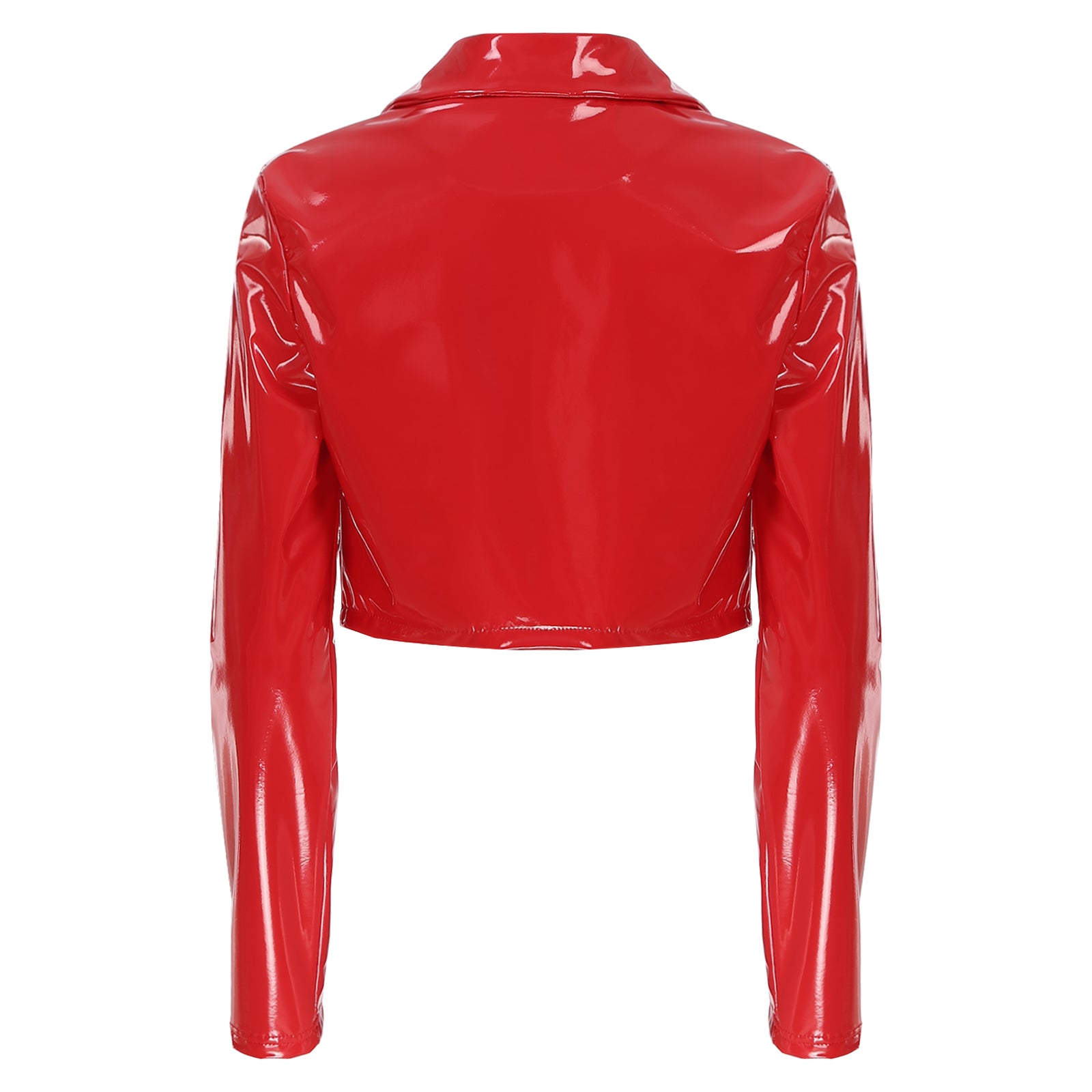 Womens Fashion Black Red Motorcycle Jacket Wet Look Music Festival Clubwear Long Sleeve Patent Leather Lapel Cropped Coat