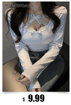 WOMENGAGA Korea Sexy V-neck High Waist Large Chest Tight Thin Knit Short Sleeve T-shirt Women's Hot Sexy Korean Women Tees 5INW