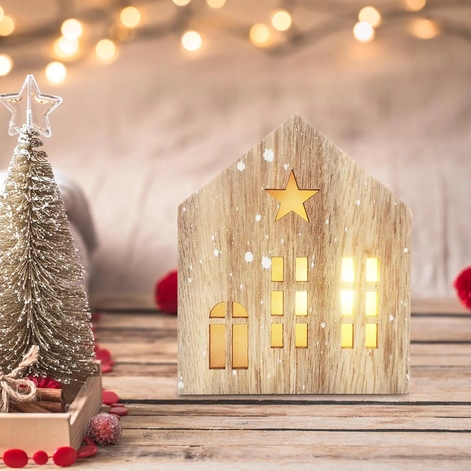 Christmas Glowing House Wooden Crafts Wooden Cabin House Shape Lighting Ornaments Office Desk Bookshelf Decorations
