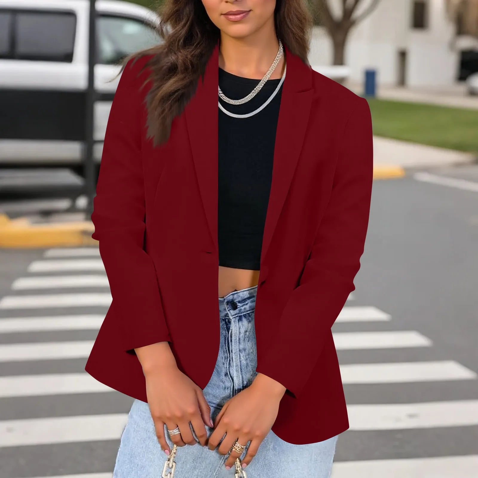 Casual Suit Jacket for Women Fashion Solid Color Long-sleeved Suit Collar Blazer Business Casual Single-button Cardigan Jacket