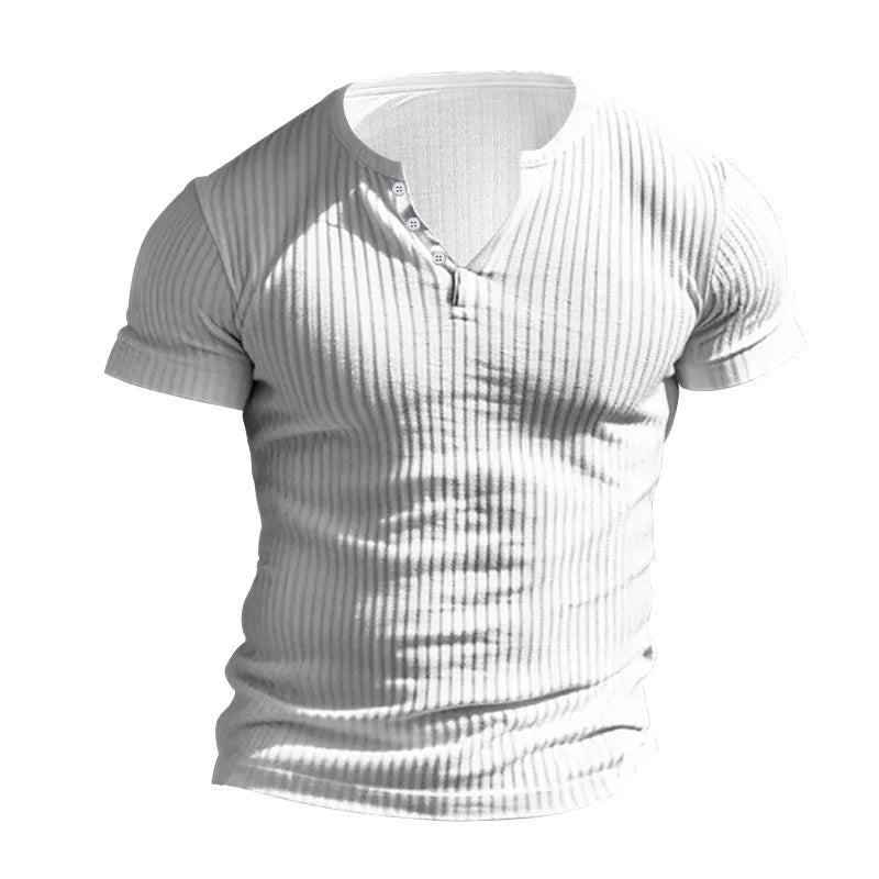 New Mens T-shirt Henley Shirt Slim Fit Round Neck Solid Color Casual Summer Short Sleeved T-shirt for Men