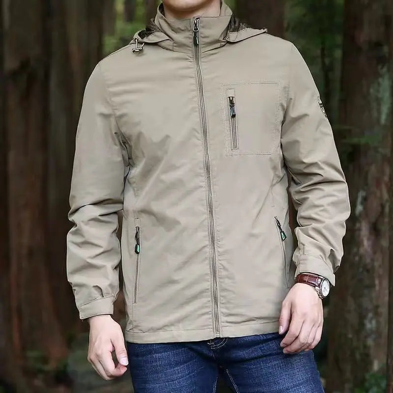 Mens Hooded Jacket 2025 New Lightweight Assault Windbreaker Large Size Thin Style Multi Pocket Casual Outdoor Spring Autumn Coat