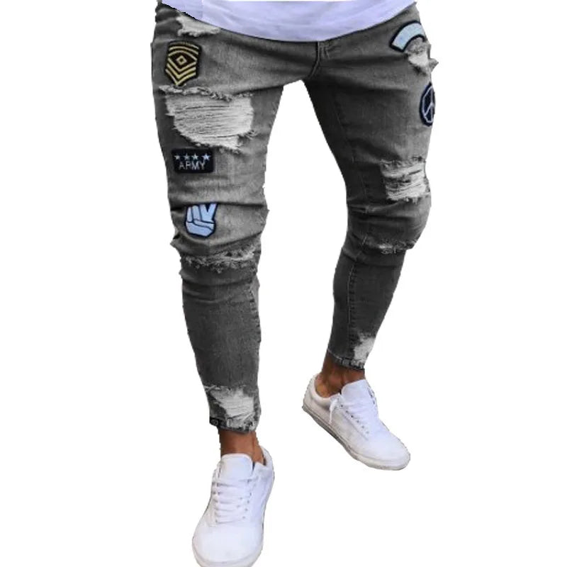 New embroidered fine grain jeans for men, cotton elastic hole slim fit hip-hop denim pants, casual jeans for men, jogging pants