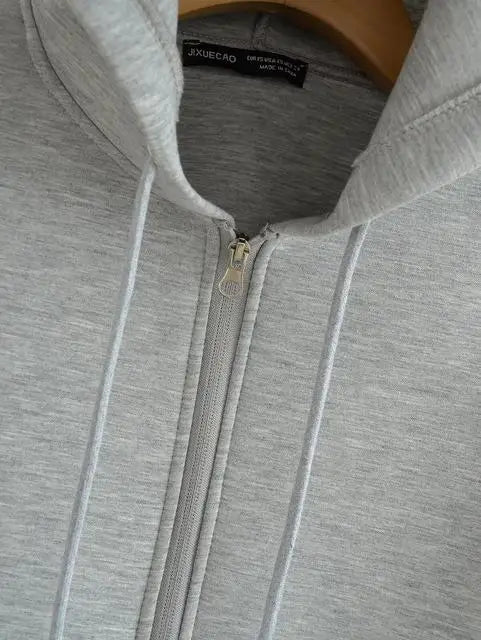 2025 Women Gray Jacket With Hood Long Sleeve Big Pocket Zipper Jacket Coat Woman Loose Casual Outerwear Coat Tops