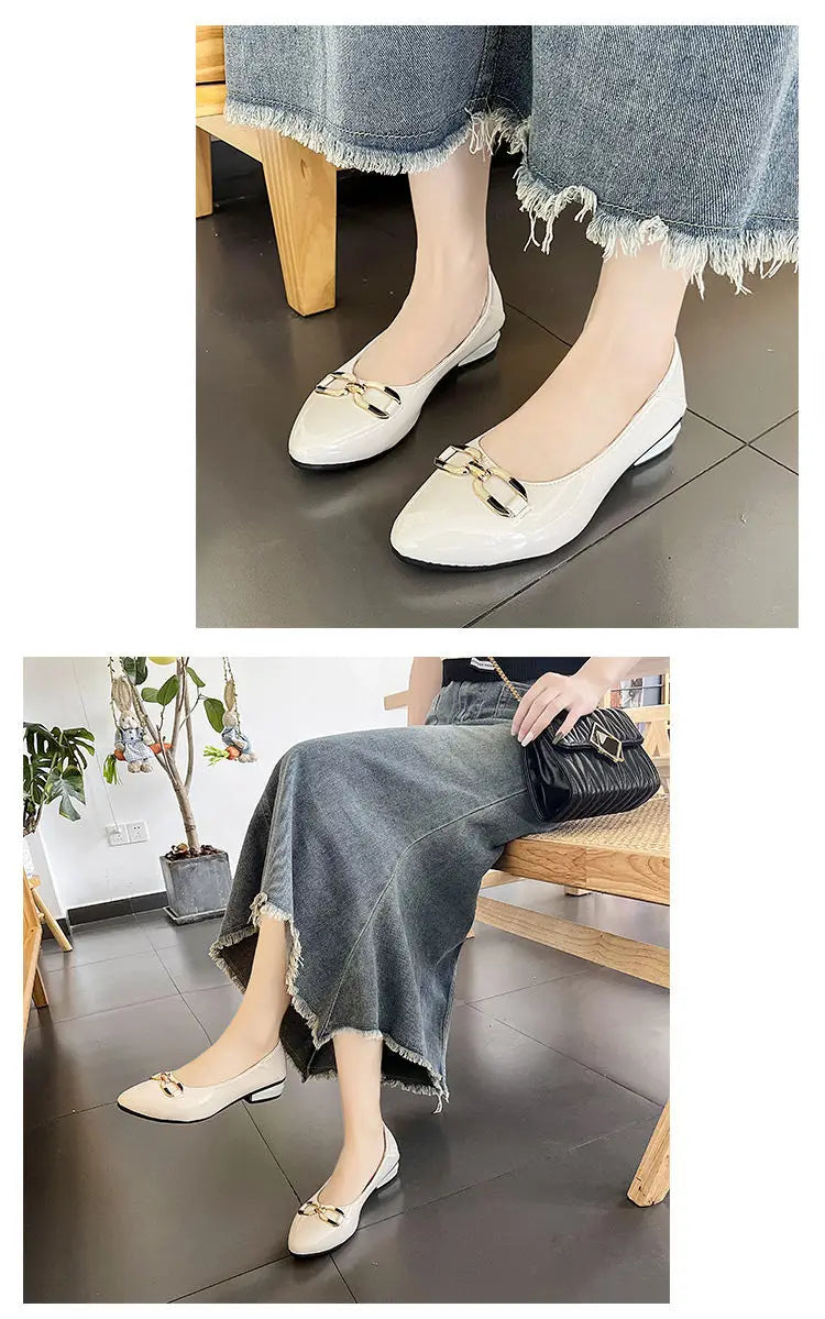 Shoes for Women Fashion Pointed Toe Patent Leather Low Heel Single Shoes Lady Slip on Classic Comfort Office Shoes Zapatos Mujer