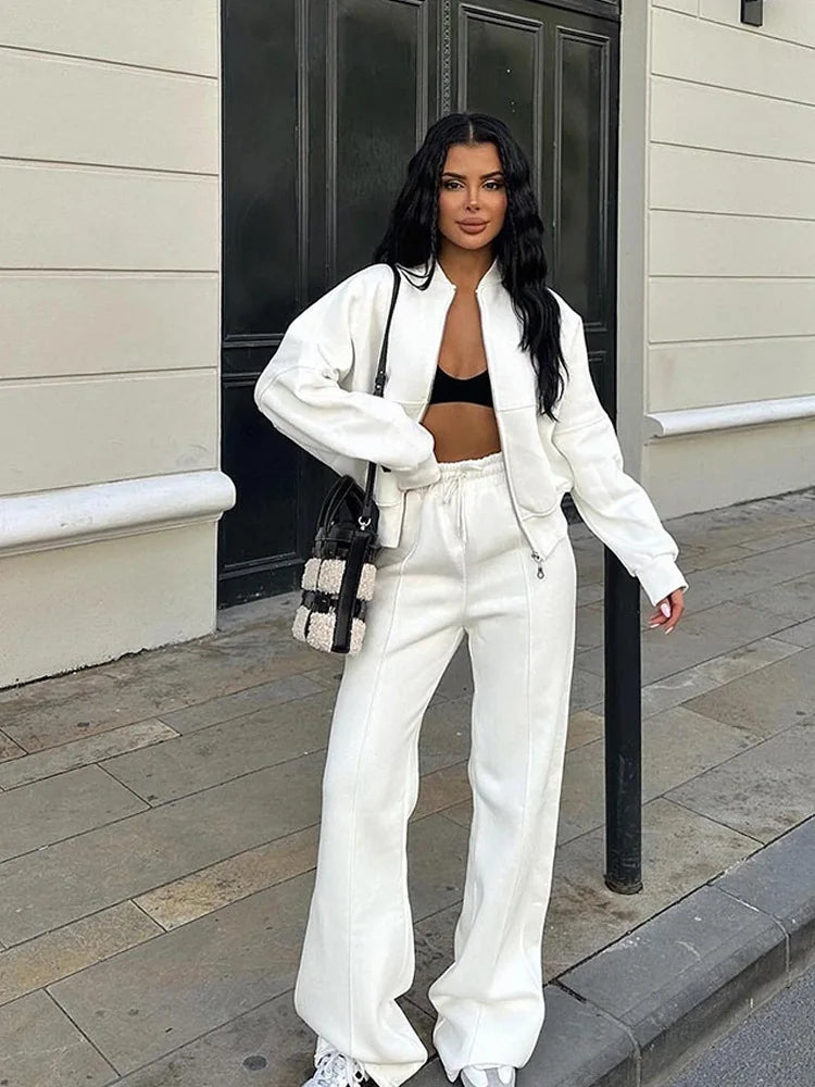 Women Sweatsuit Set Vintage O-neck Zipper Bomber Jackets High Waist Loose Pants Suit Female 2025 Spring Fashion Lady Sportswear